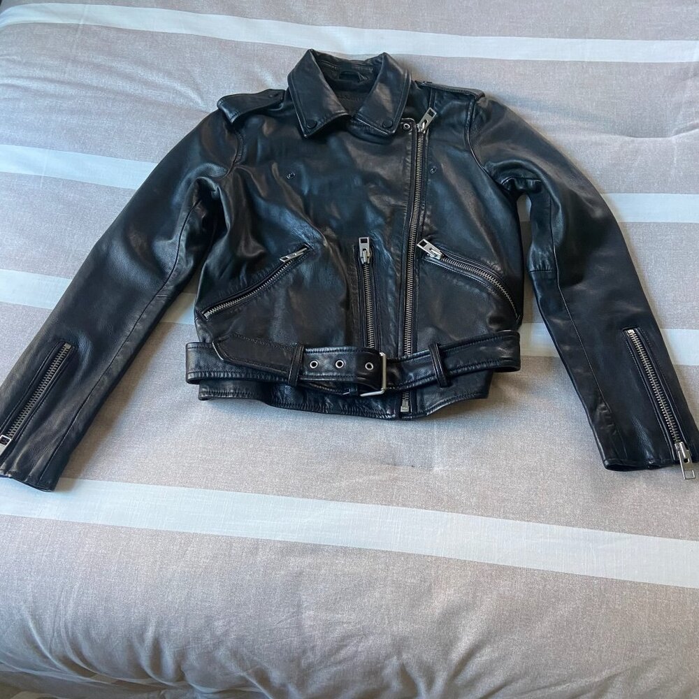 AllSaints Balfern Black Biker Cropped Belted Leather Jacket $528 New Sz 6 - Picture 7 of 16